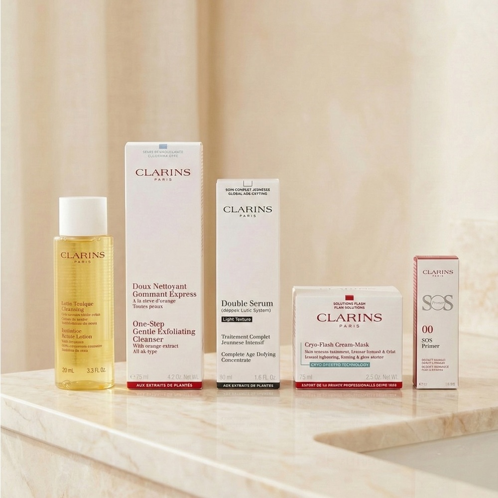 Clarins Paris Skincare Set – Double Serum, Cryo-Flash, SOS Primer & More – New